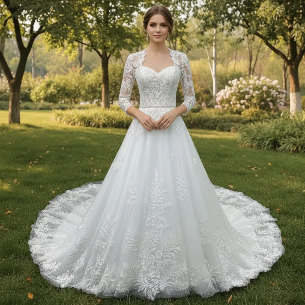 

Rosymae Modest Sweetheart Queen Anne Neckline Long Sleeve Wedding Dress Elegant Bridal Gown trouwjurken dames