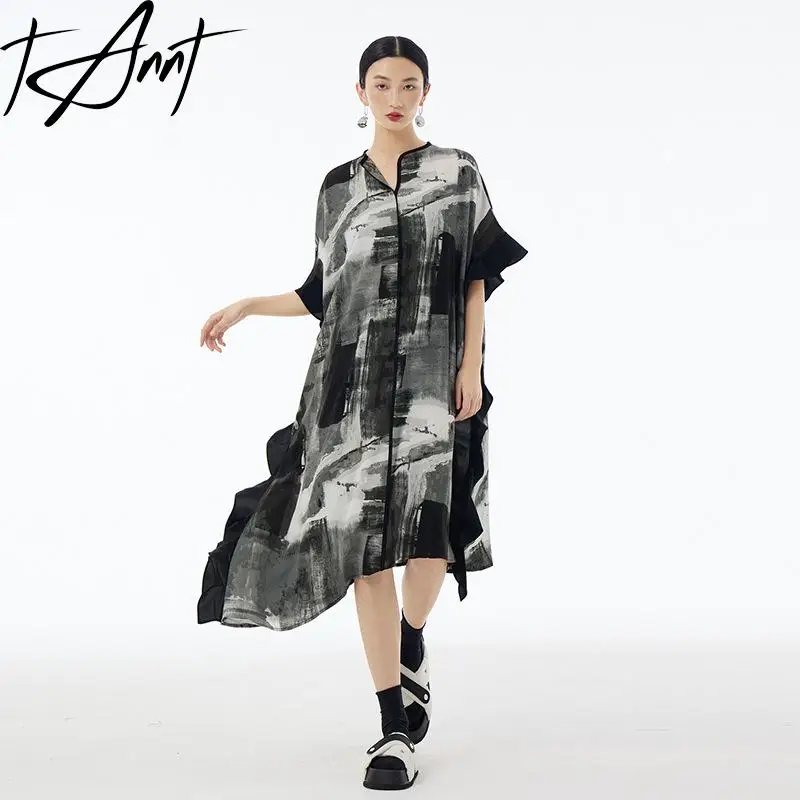 Tannt Vrouwen Jurk Mouwloze Kleur Bijpassende Afdrukken Jurken Voor Vrouwen 2023 Nieuwe Zomer Mode Lange Losse Shirt Jurken