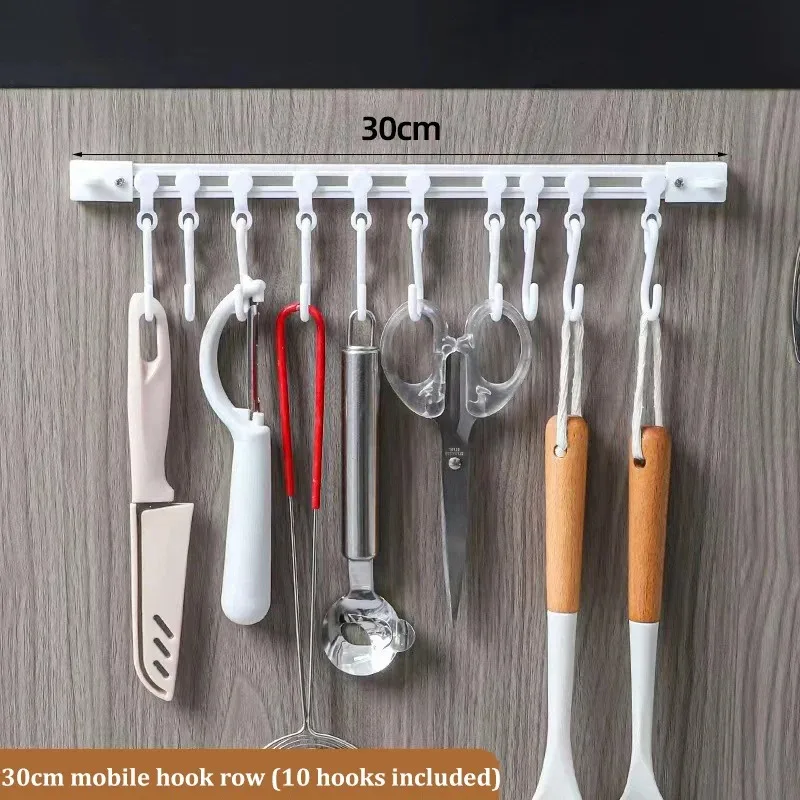 Punch-free Sliding Track Hook Kitchen Cabinet Door Back Row of Hanging Racks Sticky Hook Storage Rack to Save Space