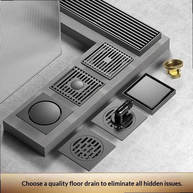 Gun Gray Stainless Steel Brass Floor Drain Bathroom Shower Universal Deodorant Anti Insect