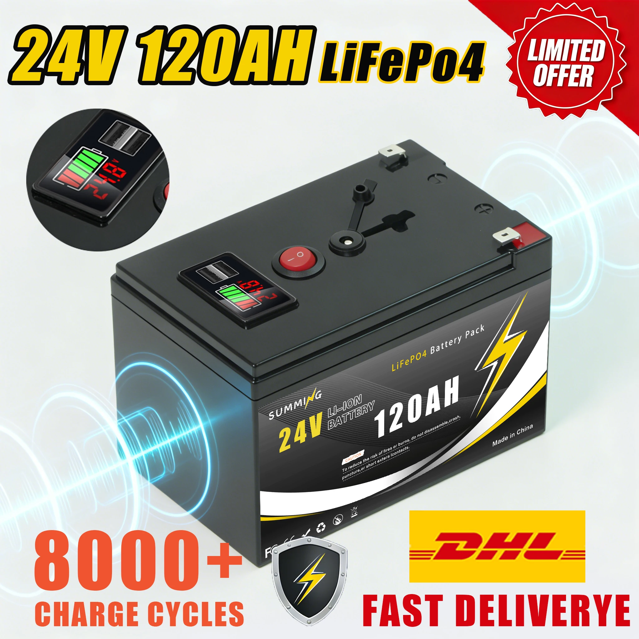 

120AH 24V Rechargeable Battery LithiumIron Phosphate Battery with BMS for Reliable RV, Off-Grid, Marine&SolarApplications