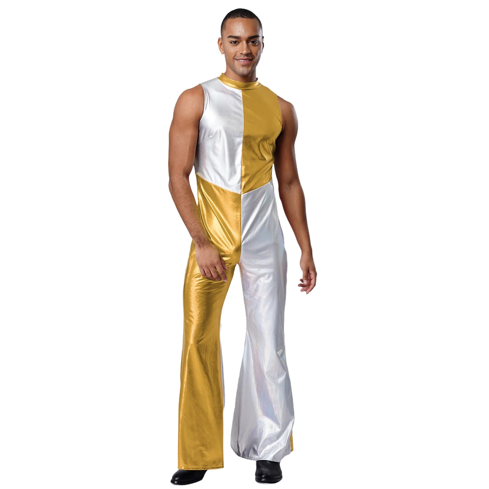 メンズ メタリック パッチワーク ジャンプスーツ ノースリーブ フレアパンツ ホログラフィック ロンパース 70年代 ディスコパーティー ジャズ タンゴ クラブ ダンス衣装