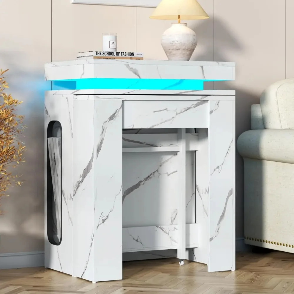 طاولة طعام قابلة للتمديد مع قاعدة شحن وأضواء LED، طاولة طعام من الرخام الصناعي الأبيض مقاس 19.7 بوصة إلى 98.4 بوصة، علامة تبويب وحدة تحكم مستطيلة #3