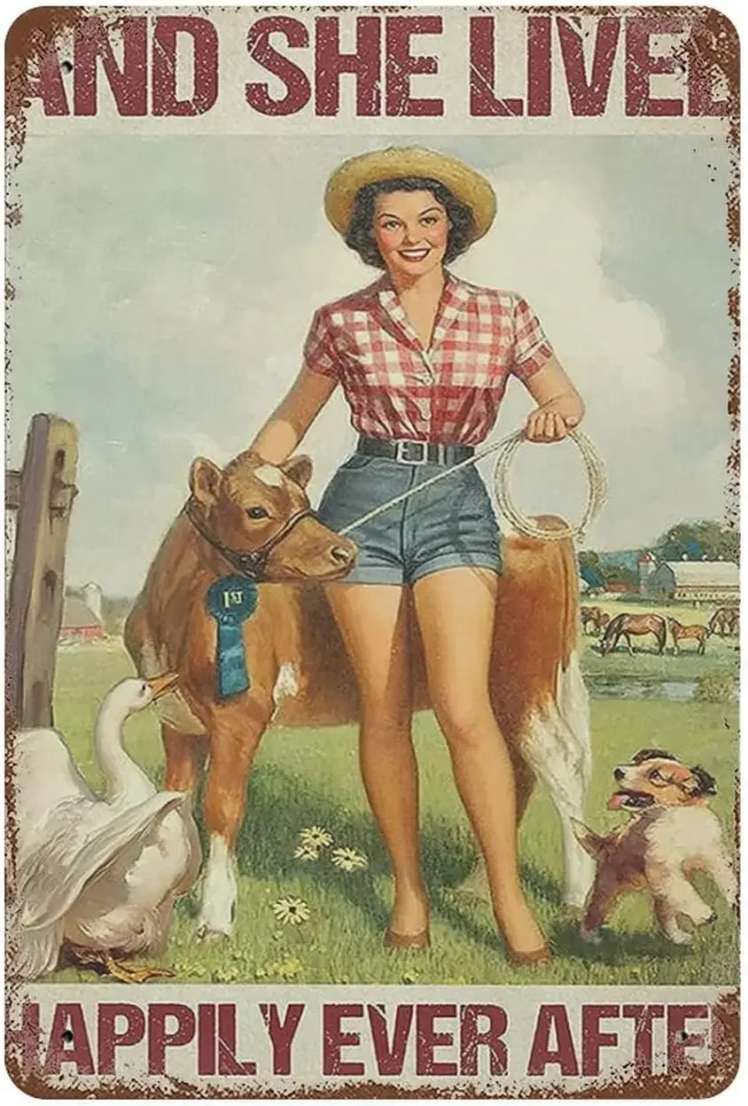 

Metal Dog and She Lived Happily Ever After Farmer Girl and And Cow Country Signs Decor Retro Poster for Yard Home Garden Kitchen