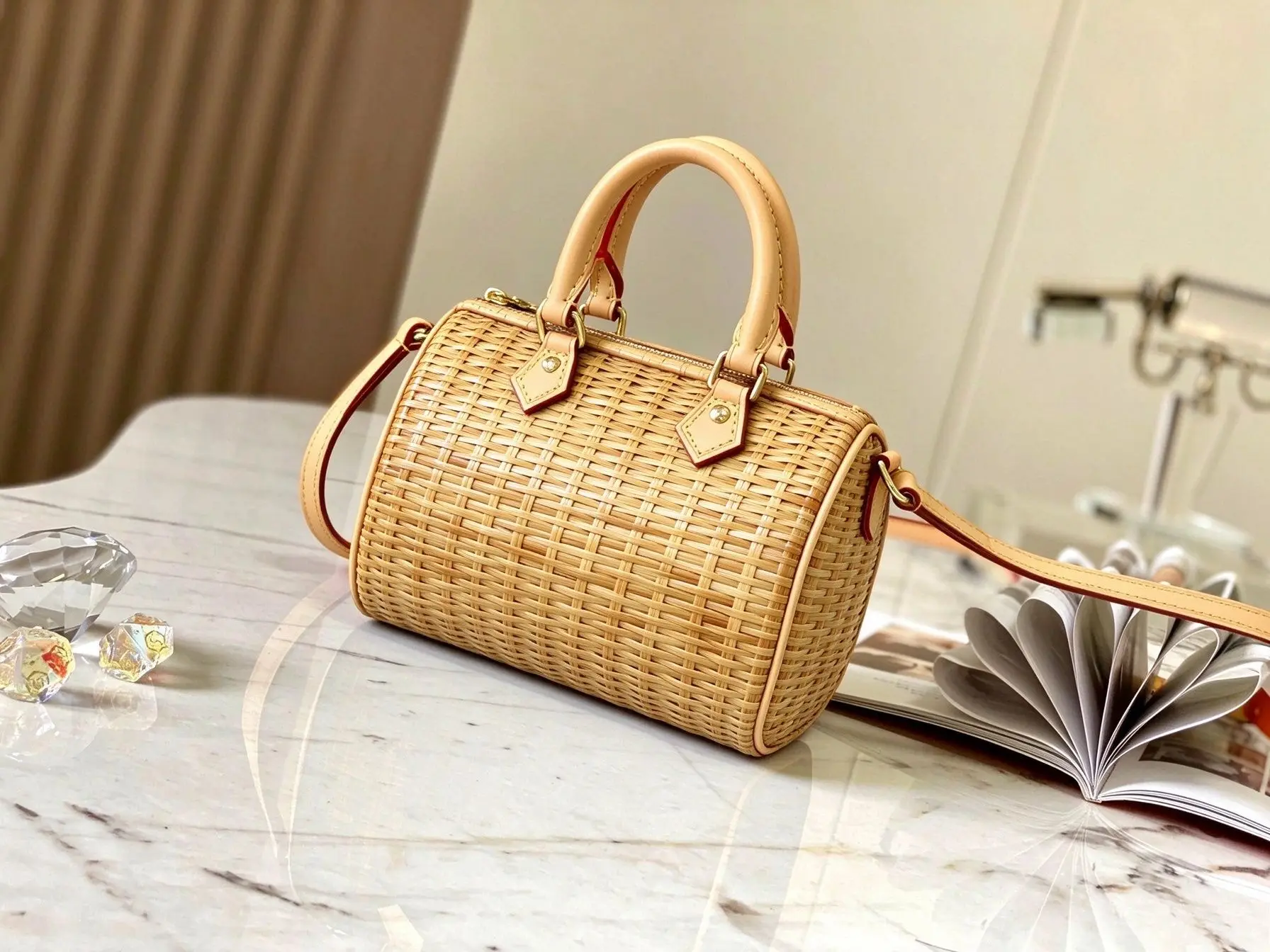 Women Rattan Woven Mini Boston Handbag PU Leather Top Handle Crossbody Bag Summer Beach Vacation Cylinder Wicker Purse
