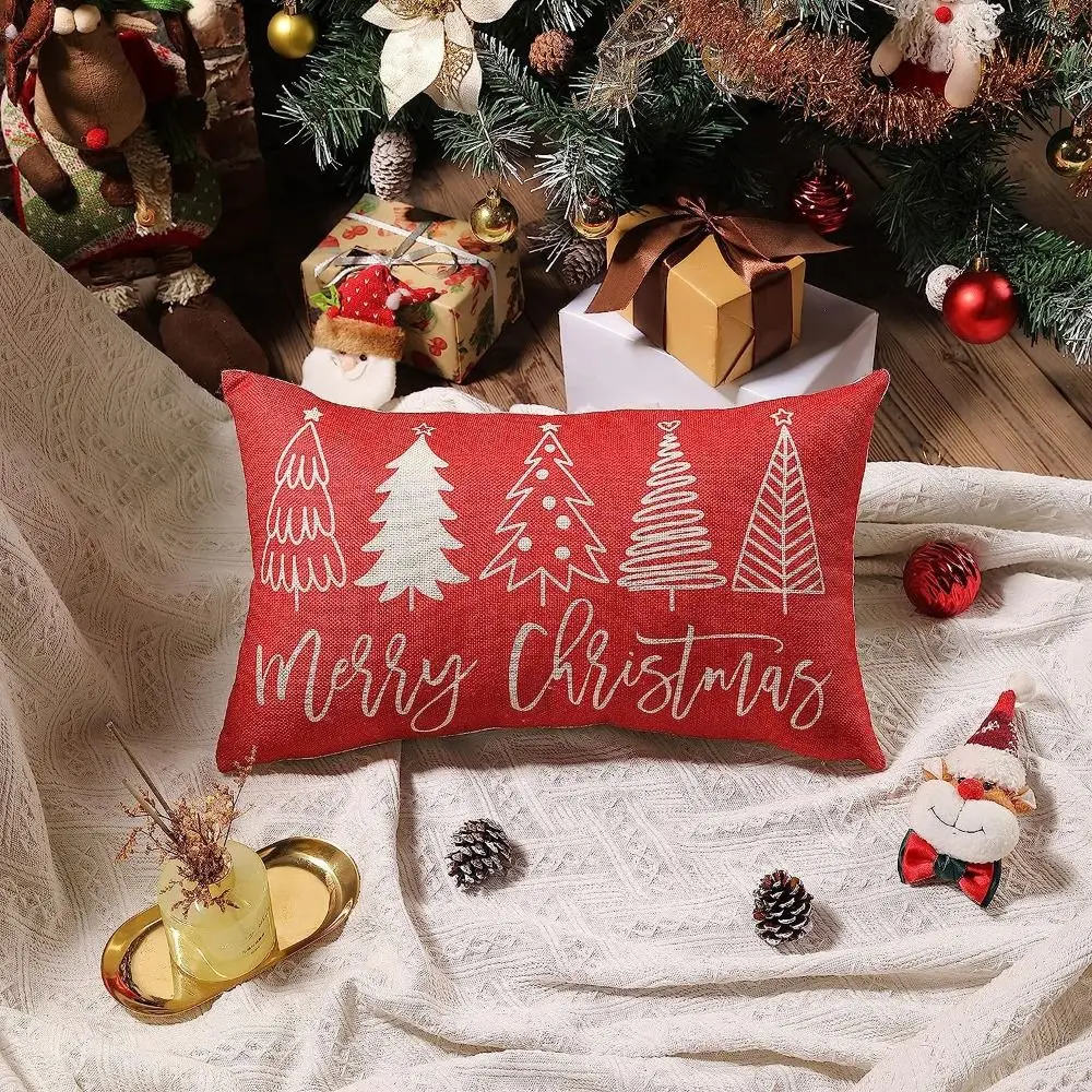 Red Elegant Throw Pillow Covers Merry Christmas Linen Decorative Pillowcase Serviceable 12*20 Inch Home Decor Pillow Case