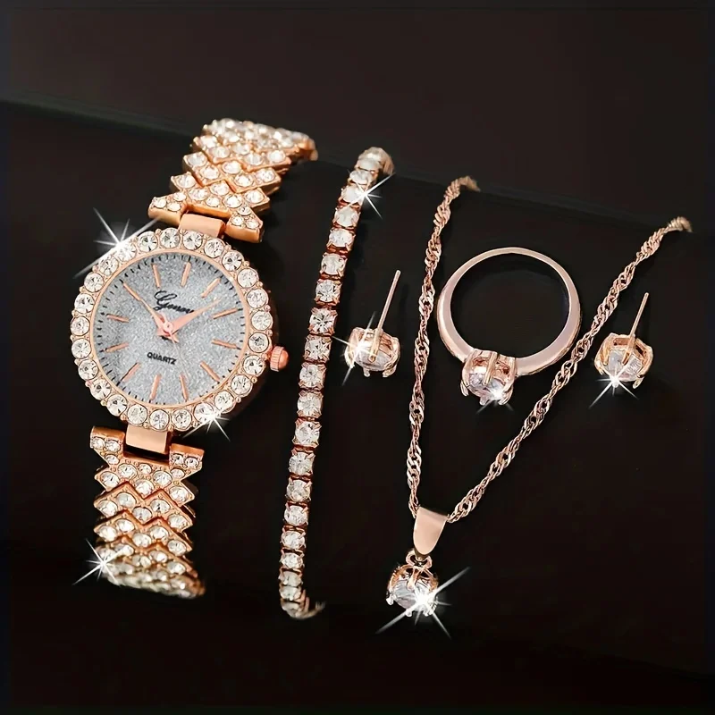 1pc Rhinestone Decor Quartz Watch Elegant Analog Wristwatch & 5pcs Jewelry Set, Festival Gift For Women
