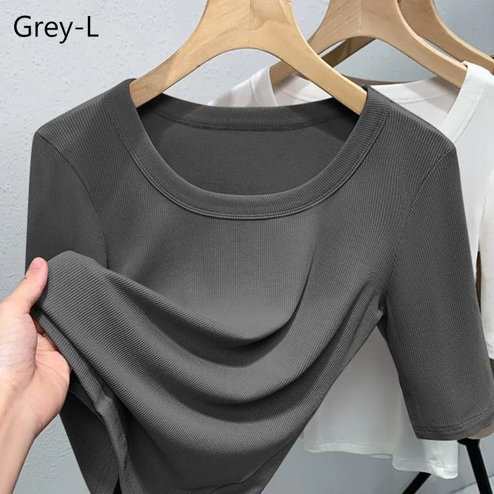 

Новая однотонная футболка с короткими рукавами, тонкий топ с круглым вырезом и круглым вырезом, универсальная футболка с короткими рукавами, весна-лето