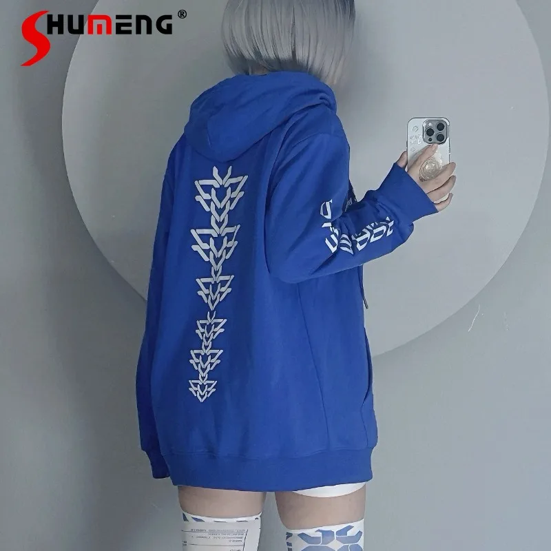 

Japanese Long-sleeved Zipper Hoodies Blue Mechanical Spine Print Large Hooded Loose Spring Autumn Thin Sweatshirt Jacket Clothes
