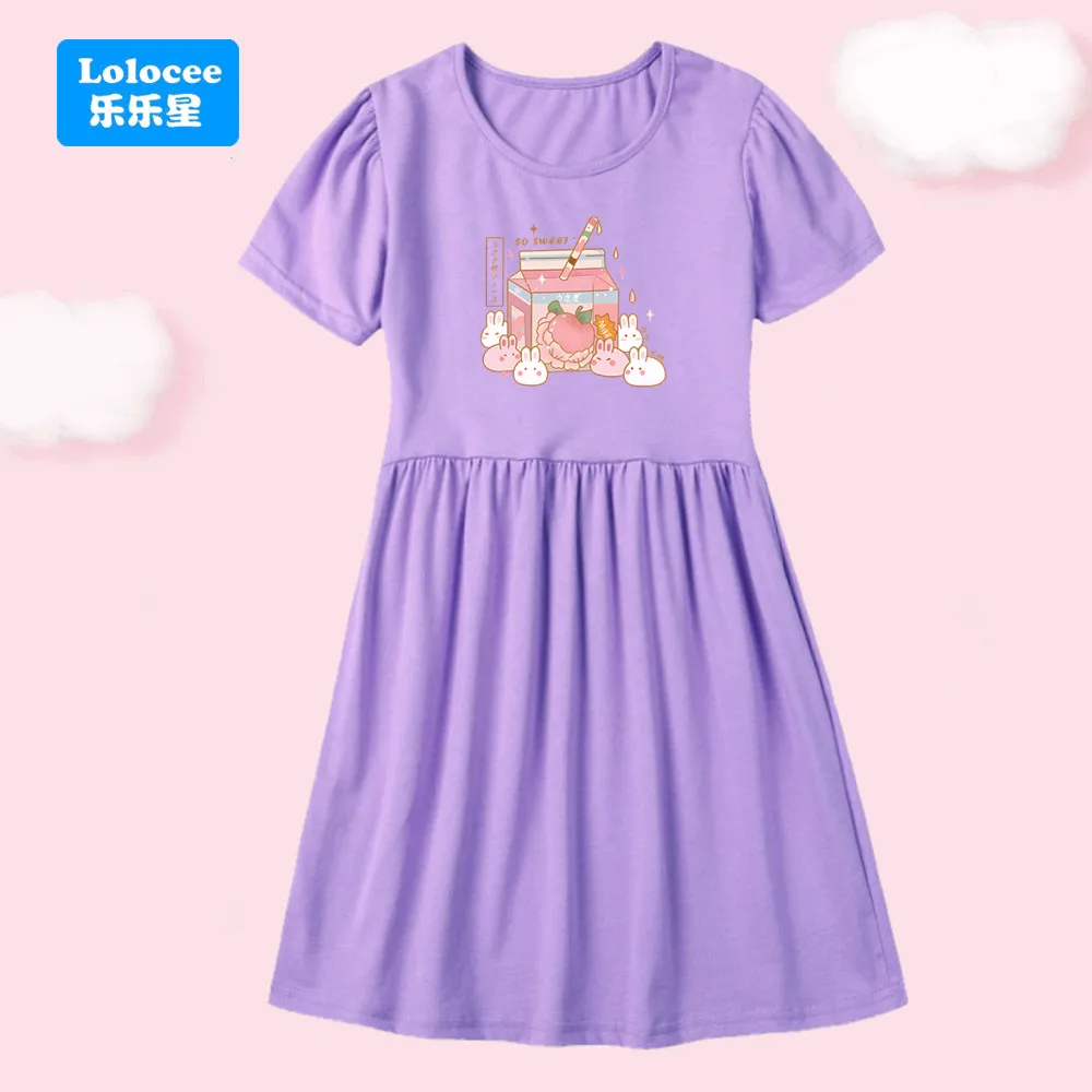 Summer Baby Girls Cotton Dress Kid Children Cute Bunny & Peach Juice Printed Short Sleeve Cartoon Cute Princess Dresses YLZH1