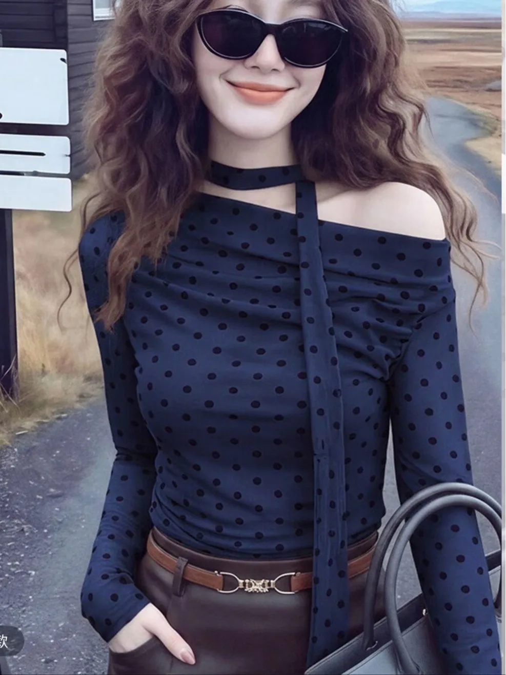 French Style Long Sleeve Polka Dot T-Shirt Women's Base Layer Shirt Autumn One Shoulder Pleated Slimming Neck Hanging Sash