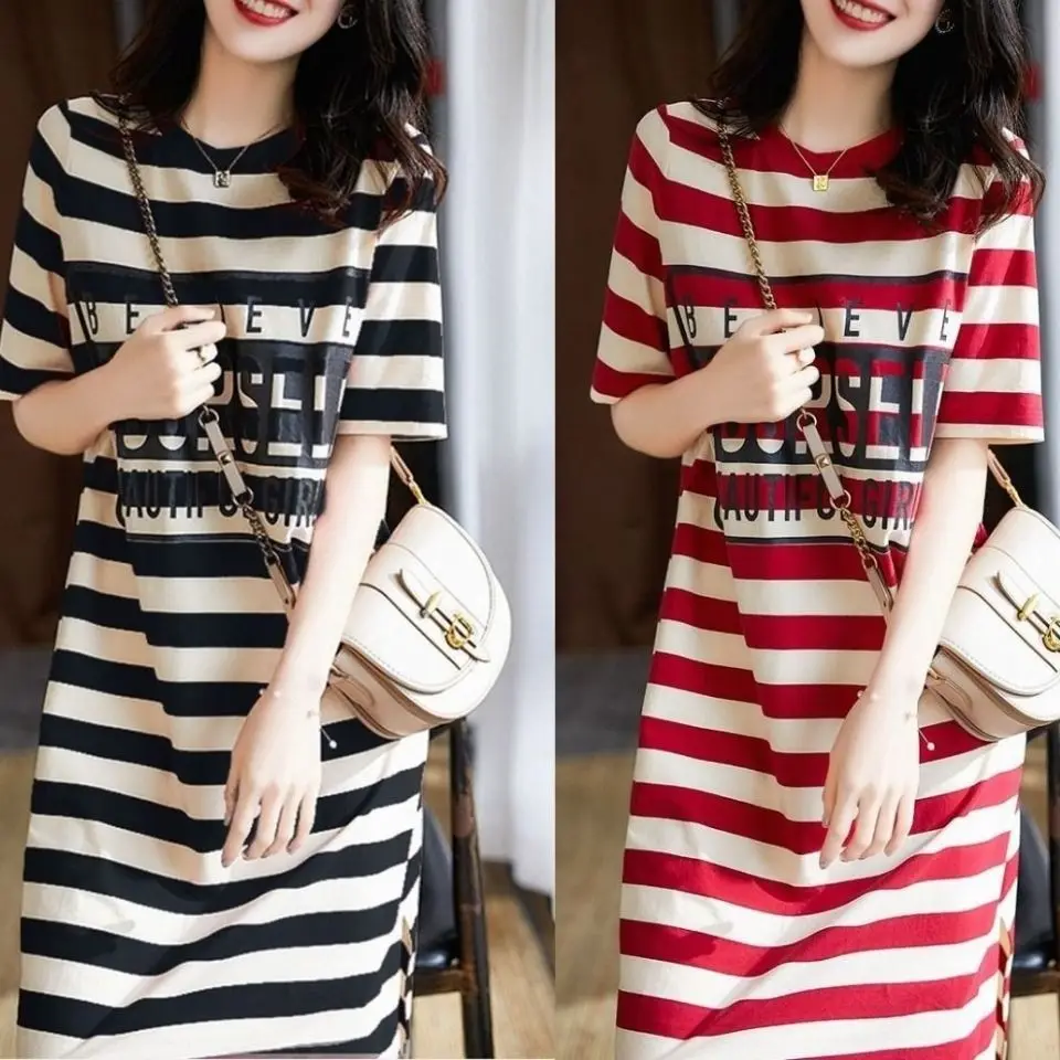 2025 Summer Loose Slimming Striped Printed T-shirt Dress Women's Mid Length Short Sleeved Skirt