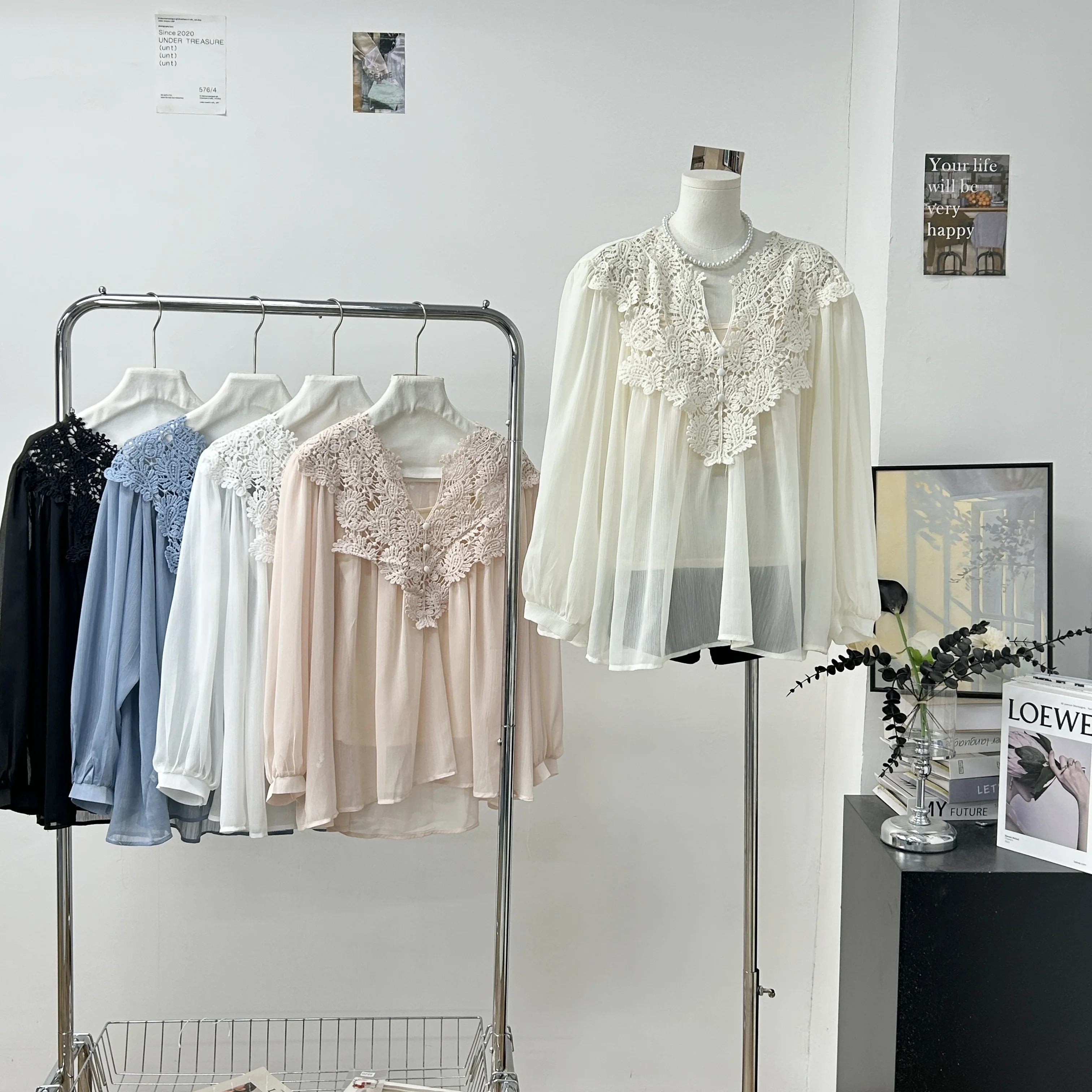 

Women's Spring Summer Lace Patchwork Long Sleeve Loose Thin Blouse Top Lady Solid Color Pullover See Through Shirt With Camisole