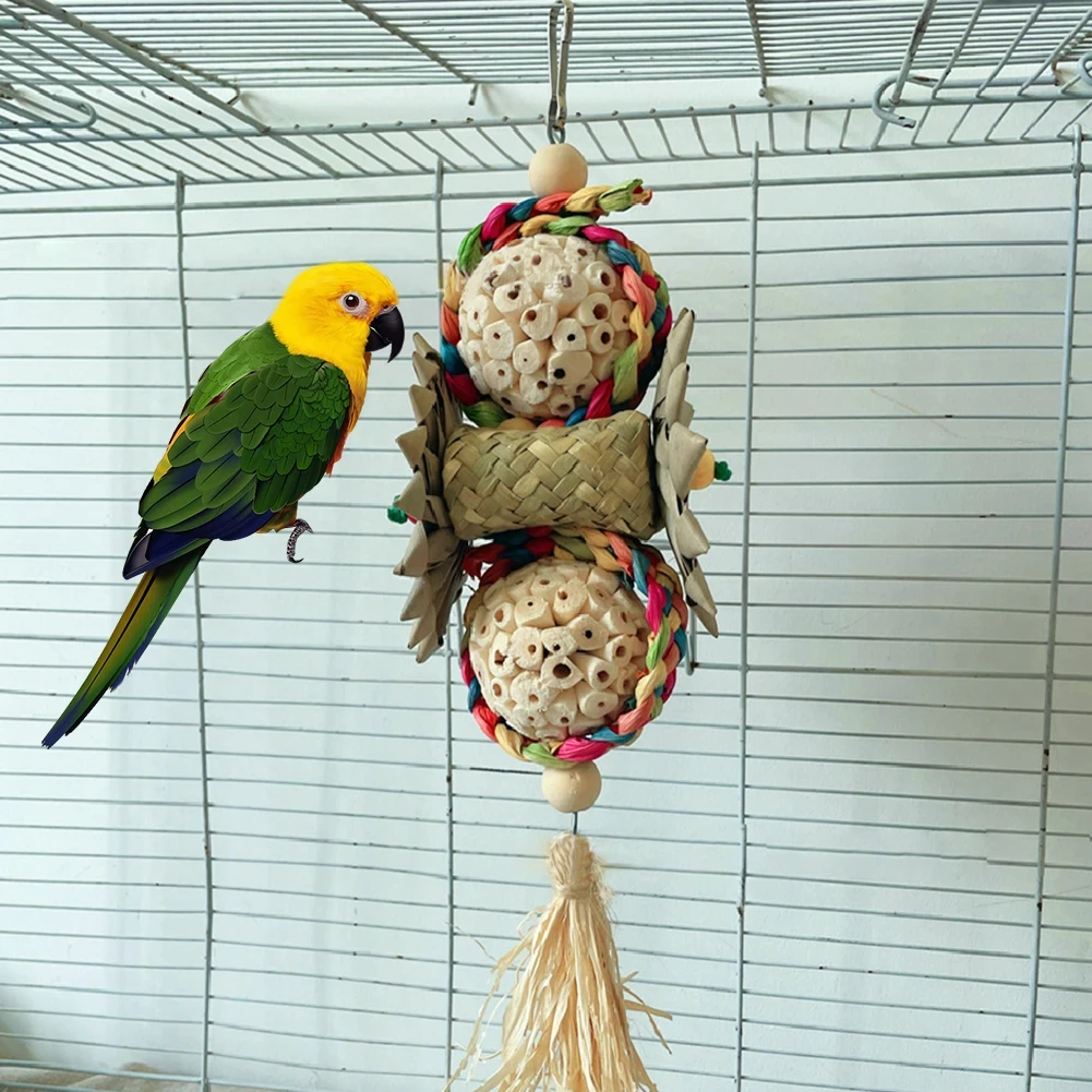 Juguete para masticar loros, bolas suaves de cáscara de maíz Natural, perca a oiseaux, Jouet De Perruche, Tiges Et Racines De Plantes Simples