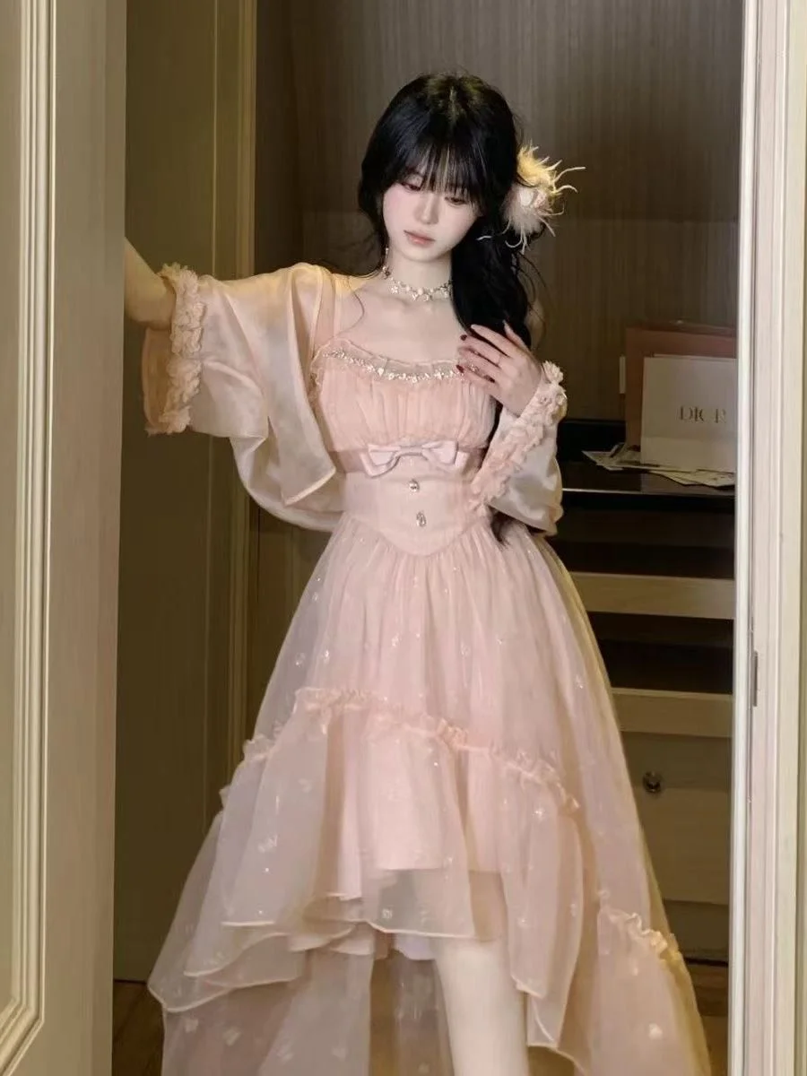 

Elegant Summer Outfit Pink Lace Trim Open Cardigan Asymmetric Hem Women's Fashion Set High Waist Midi Skirt Long Sleeve