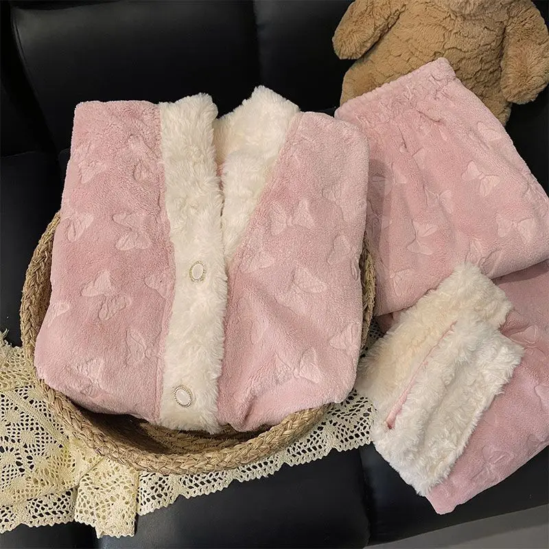 

Пижамы из кораллового флиса, женские новые утолщенные флисовые теплые фланелевые осенне-зимние домашние костюмы, милые и милые, можно носить на улице