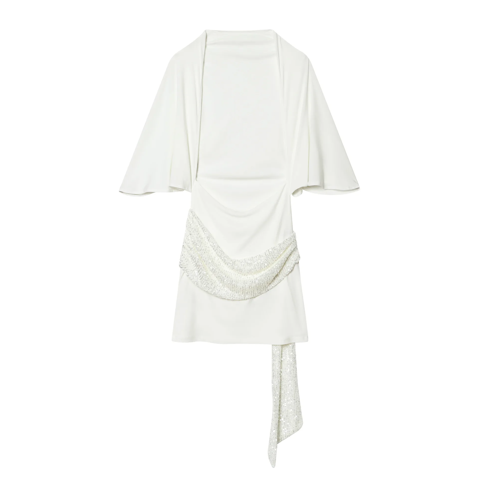 

Women's White Cape Sleeve Mini Dress Draped Sequin Sash Waist Cocktail Party Sexy Backless Dresses