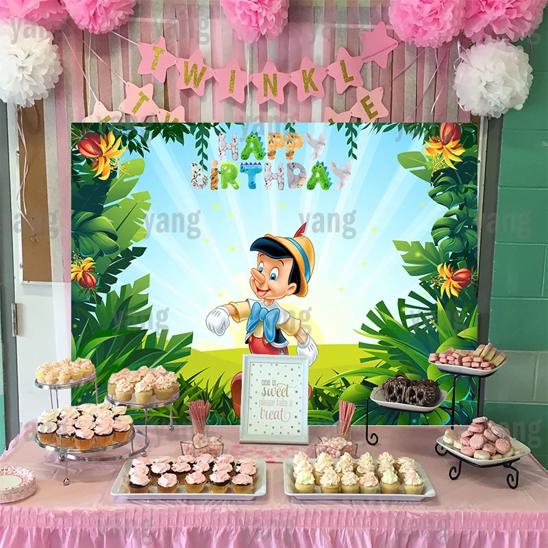 Disney Cartoon Lovely Blue Bow Pinocchio Happy Birthday Party Decoration Baby Shower Outdoor Forest Backdrop Background Banner