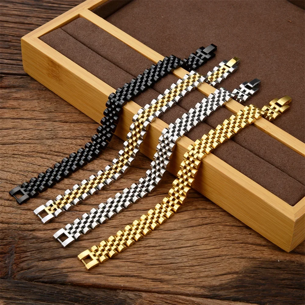 High Quality Stainless Steel Watch Chain Bracelet for Women Men 1cm 1.2cm 1.5cm Watch Strap Chain Bracelets Black Steel Gold