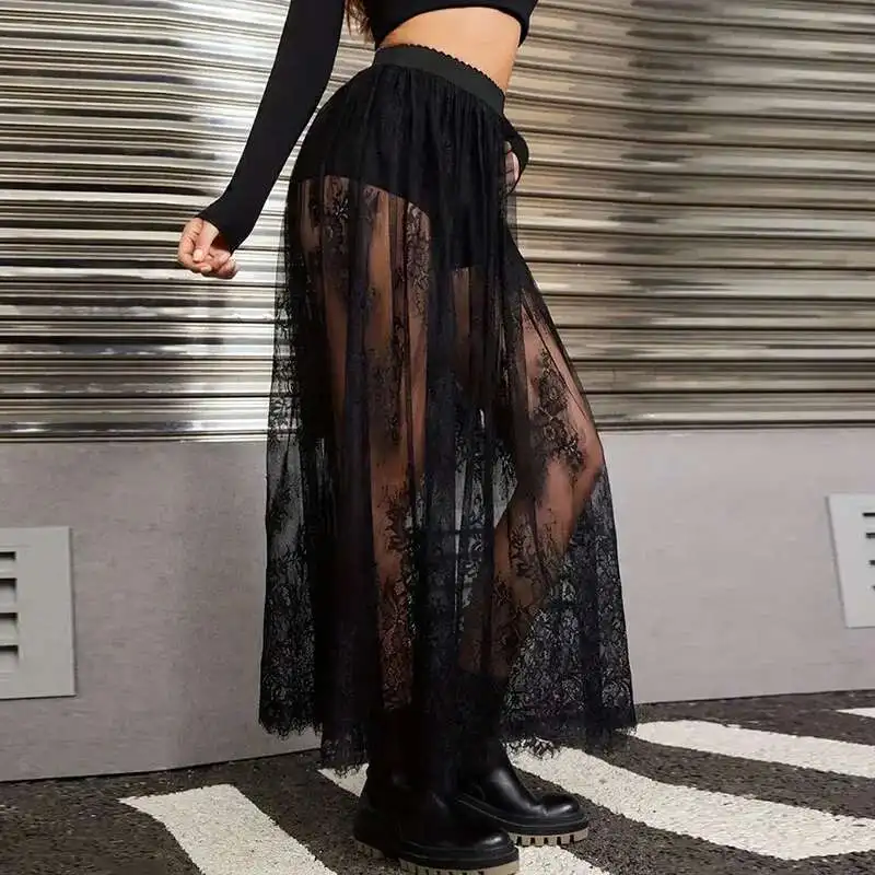 セクシーな刺繍レースシアーメッシュスカート女性春かぎ針編みシースルー安全ズボン夏 A-E ジャカードスカート