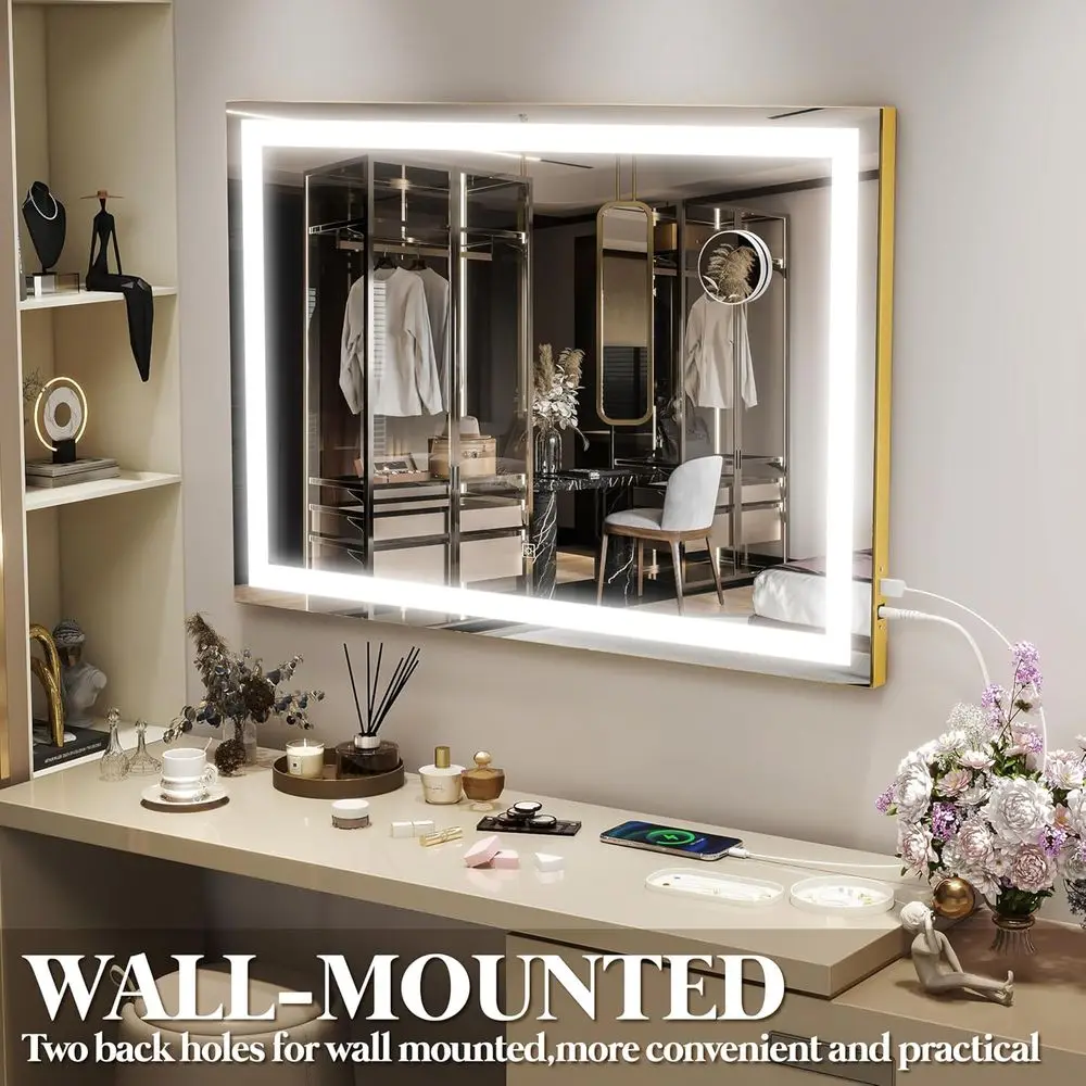 مرآة زينة مضاءة LED 32 × 22، تحكم باللمس، خيارات 3 ألوان، تكبير 10X، منفذ USB، إطار ذهبي مربع #5