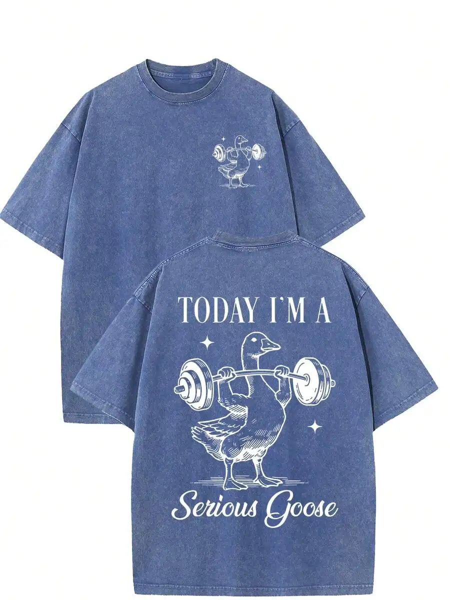 

Men's Vintage Washed Cotton Tee with Playful Goose Lifting Barbell Graphic, Relaxed Fit, Double-Sided Print