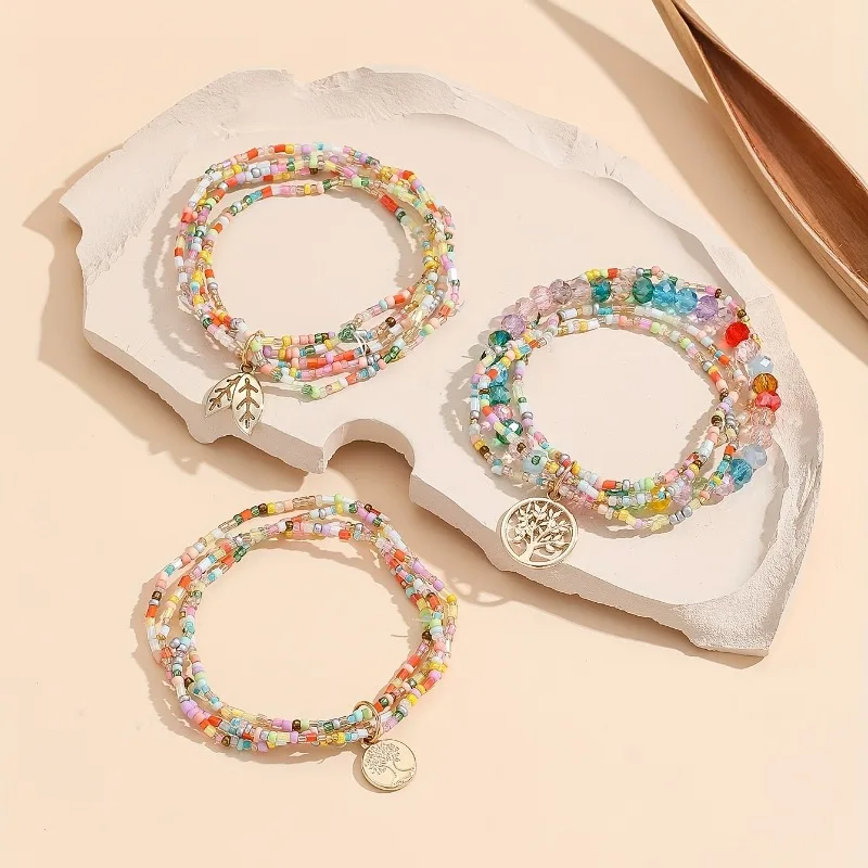 13pcs Boho Beaded Anklet Set with Tree Leaf Charms Adjustable Colorful Beads for Women Perfect for Parties Vacations