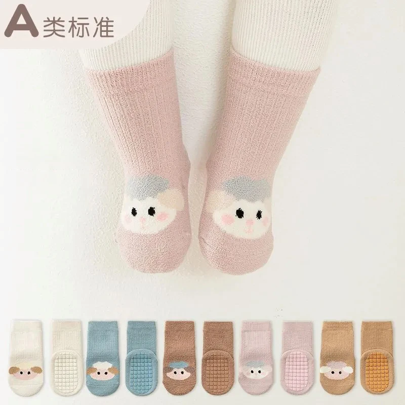 5 Pairs Baby Socks Autumn Winter Thick Anti Slip Floor Socks Plush Cartoon Middle Tube Boys Girls Newborn Socks