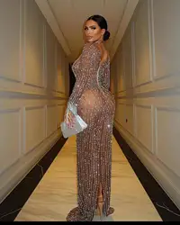 Sparkly Silver Big Rhinestone Transparent Long Dress Evening Birthday Celebrate Luxurious Costume Dancer Flashing Dress