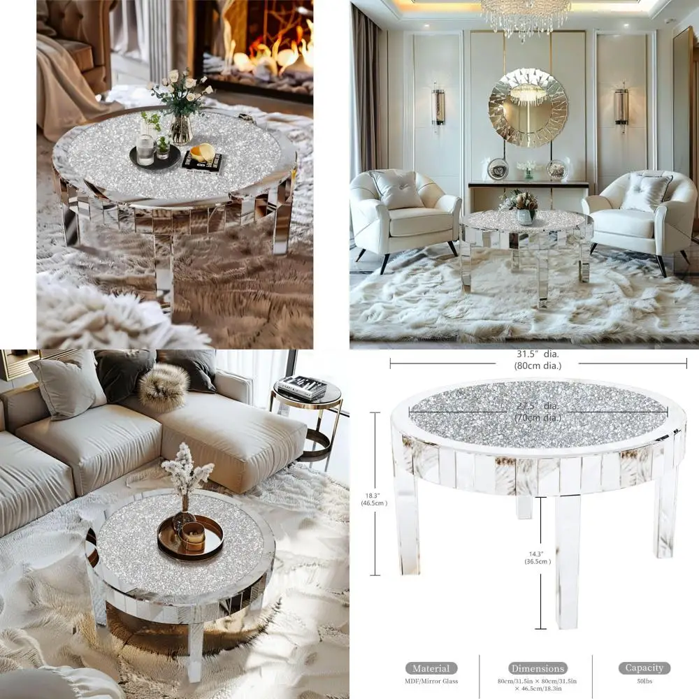 

Large Round Mirrored Coffee Table with Decorative Crystal Edge Frame and Crushed Diamond Tabletop
