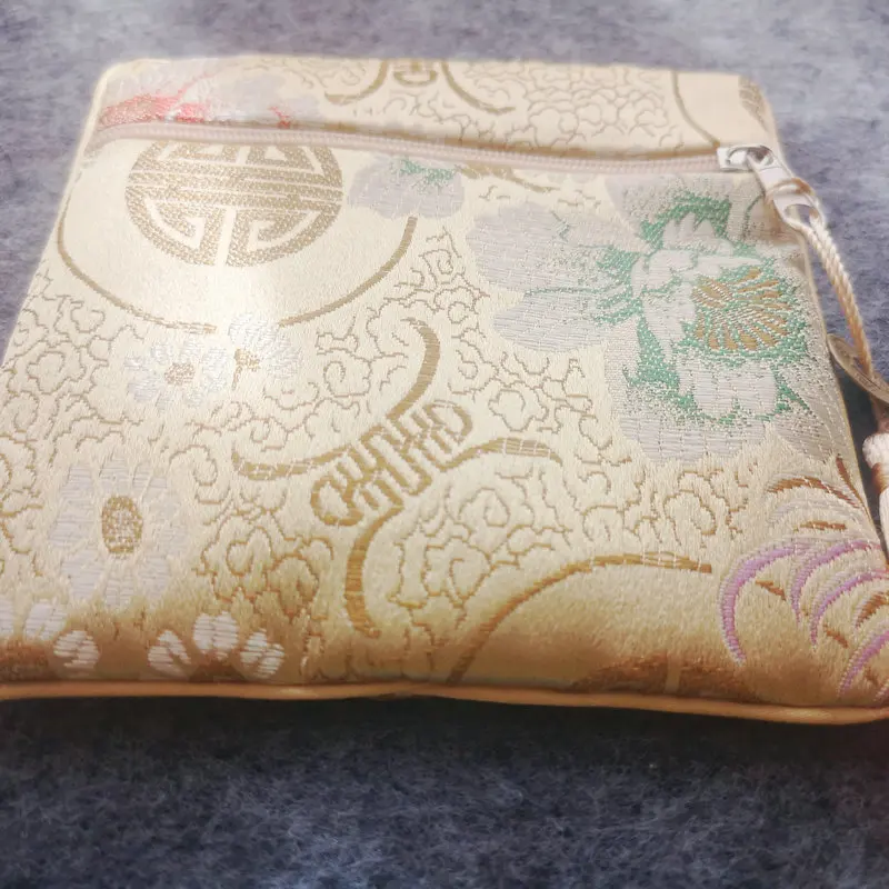 Chinese Beige Square Wallet With Flower & Longevity Character Shou Pattern Coin Purse Tassels Design Cardholder Lucky Accessory