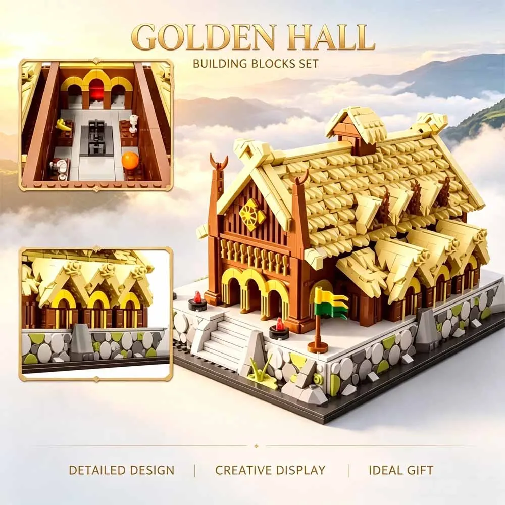 Movie Rings Golden Hall MOC Building Blocks Edoras Rohan Palace Medieval Viking Collectible Toys Gift for Adult 2321Pcs