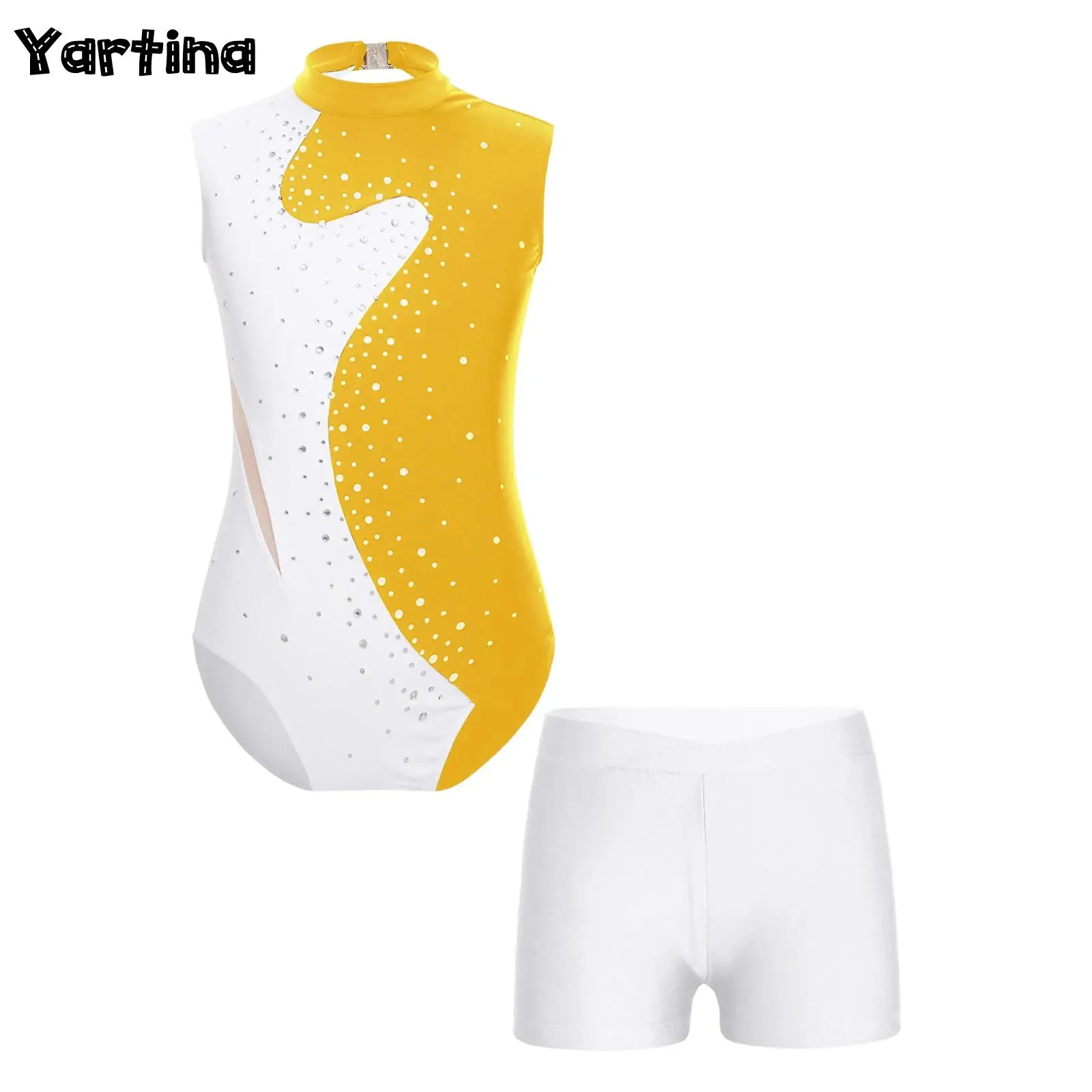 Kids Girls Gymnastics Artistic Figure Skating Ballet Classical Dance Leotard Sparkling Rhinestones Tight Bodysuit with Shorts