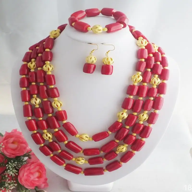 Women Wedding Necklace African Red Coral Beads Jewelry Set  20-25