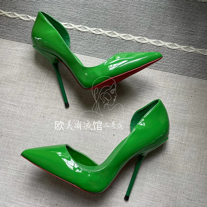 Hot sale TOMONYE black green patent open one side ultra thin 120mm heel women lady custom plus big size evening  shoes pump