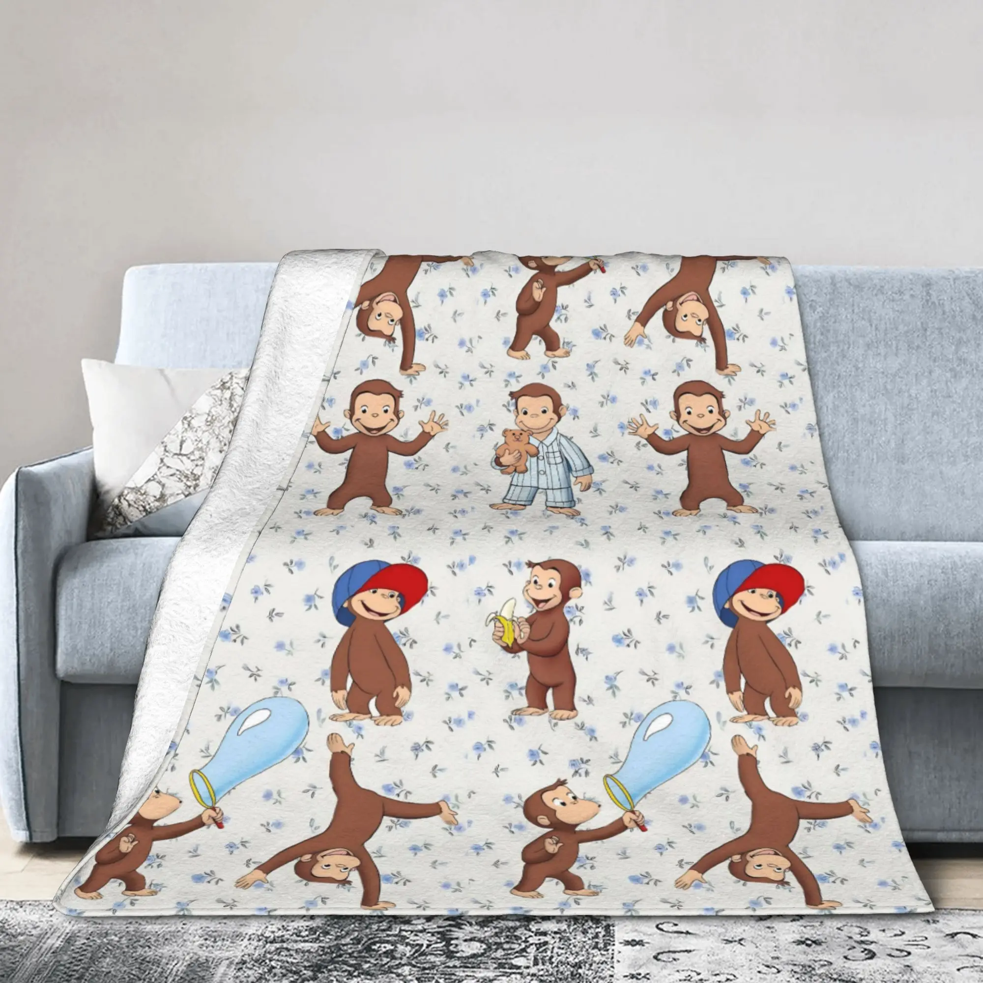 Curious George Blankets Fleece Spring/Autumn  Cartoon Portable Warm Throw Blankets for Sofa Couch Rug Piece