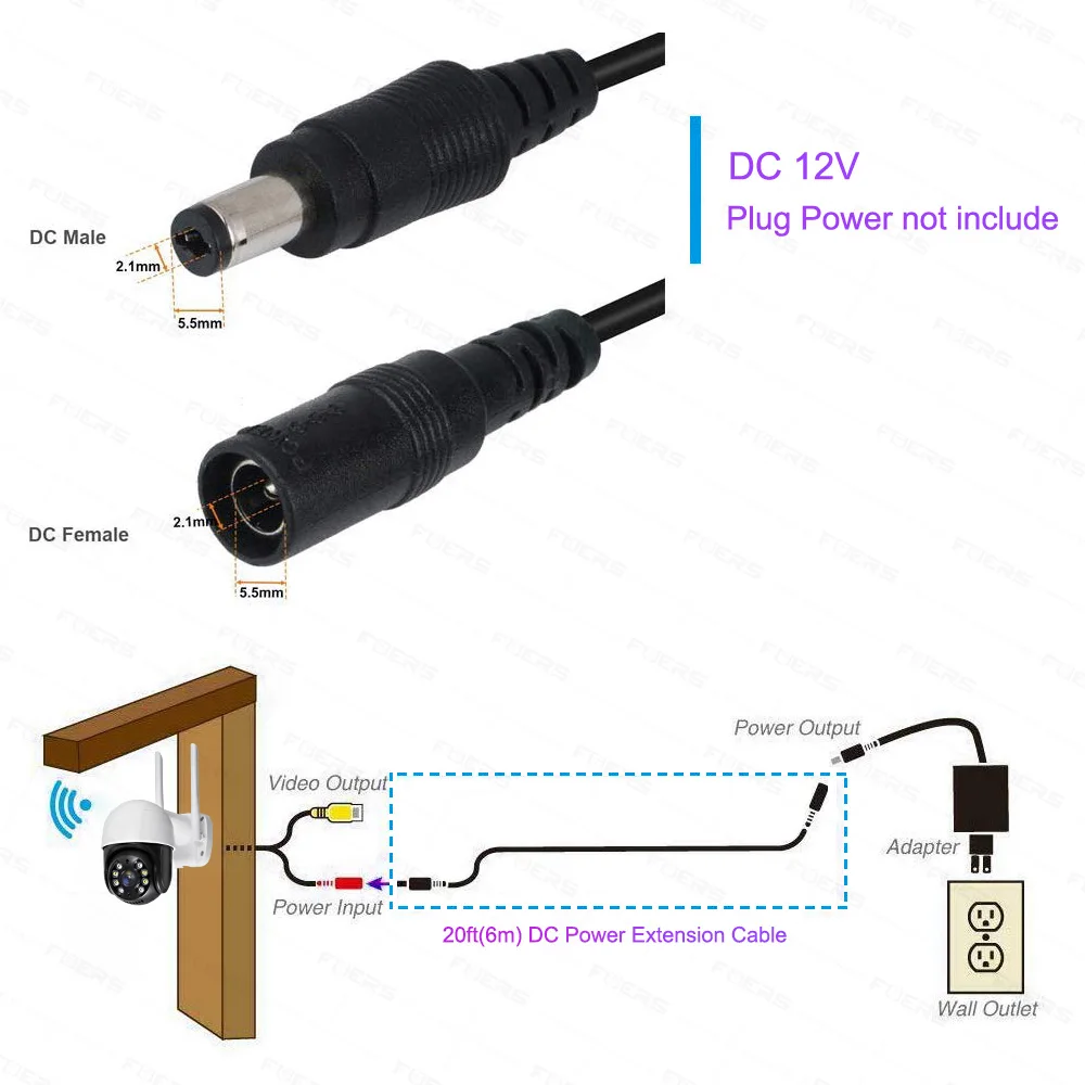 Adaptador de corriente de 12V CC, Cable de extensión de 6m para cámara IP CCTV de seguridad, adaptador de corriente de 5,5x2,1mm, 3 metros/32,8 pies