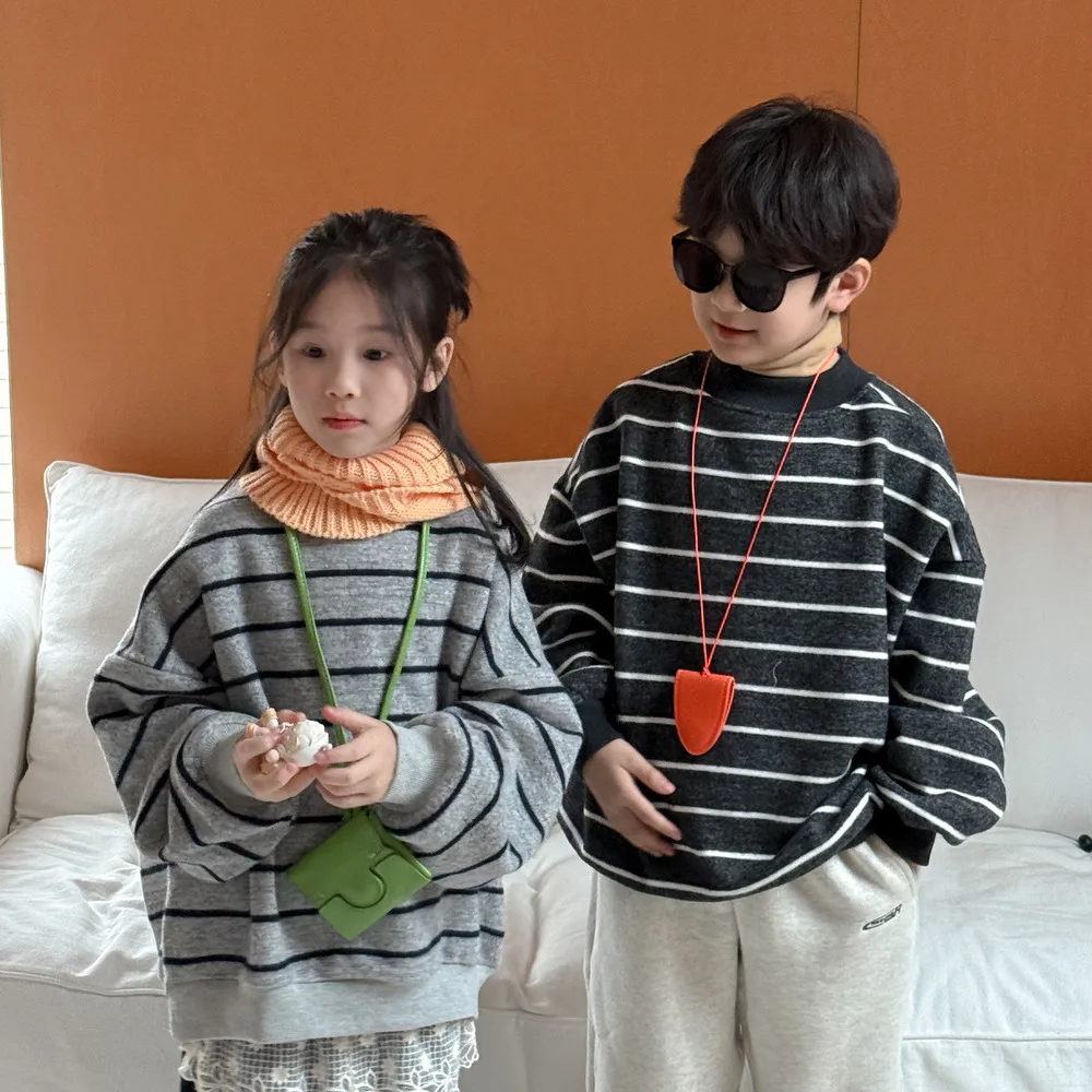 

Children's Sweatershirt 2025 Autumn Korean Thick Round Neck Baby Boy's Pullover Casual Striped Sweater 2-10Year Girl's Top