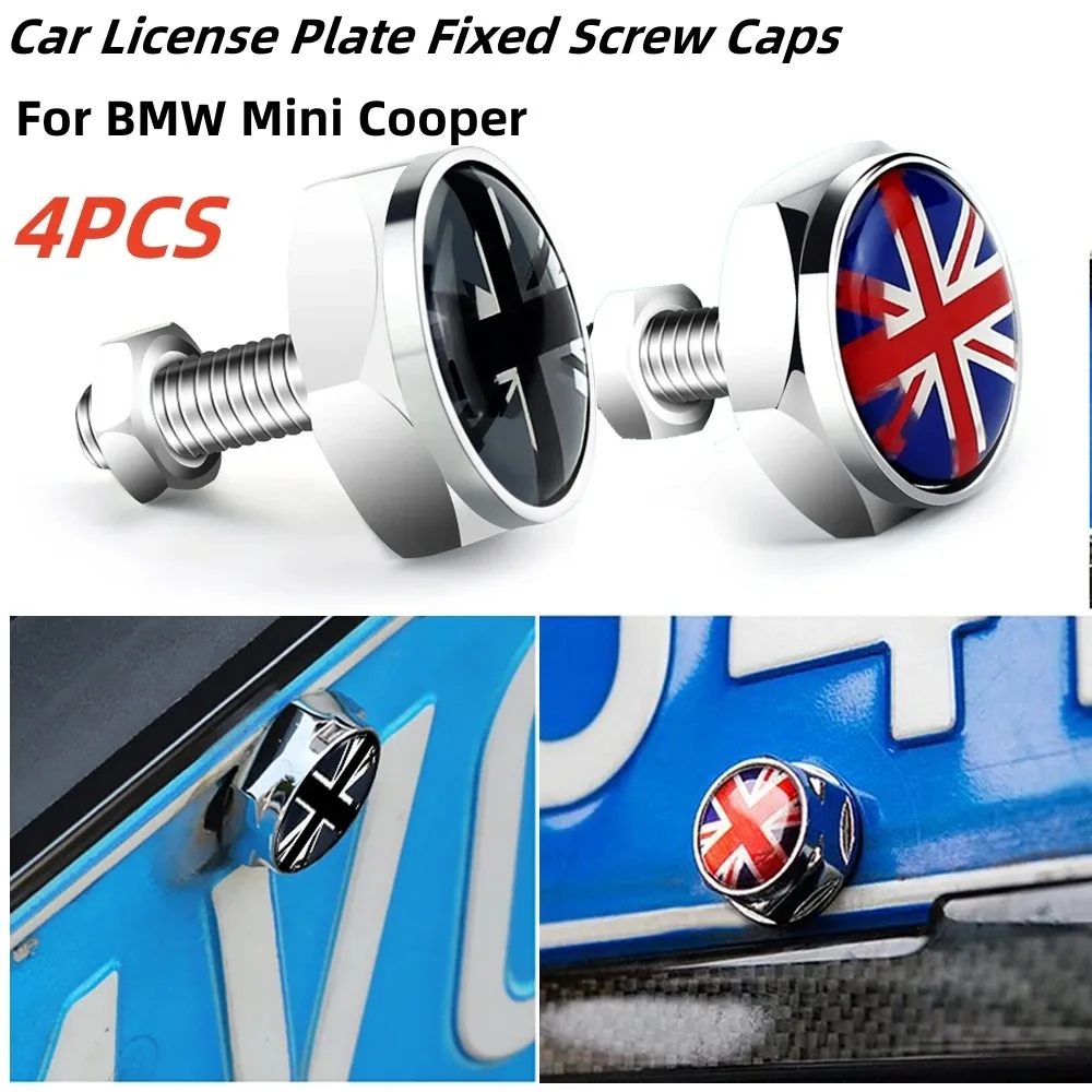 4PCS Car License Plate Holder Fixing Bolt Nut Cap， Suitable for Mini Cooper JCW One S Countryman British Flag Emblem Accessories