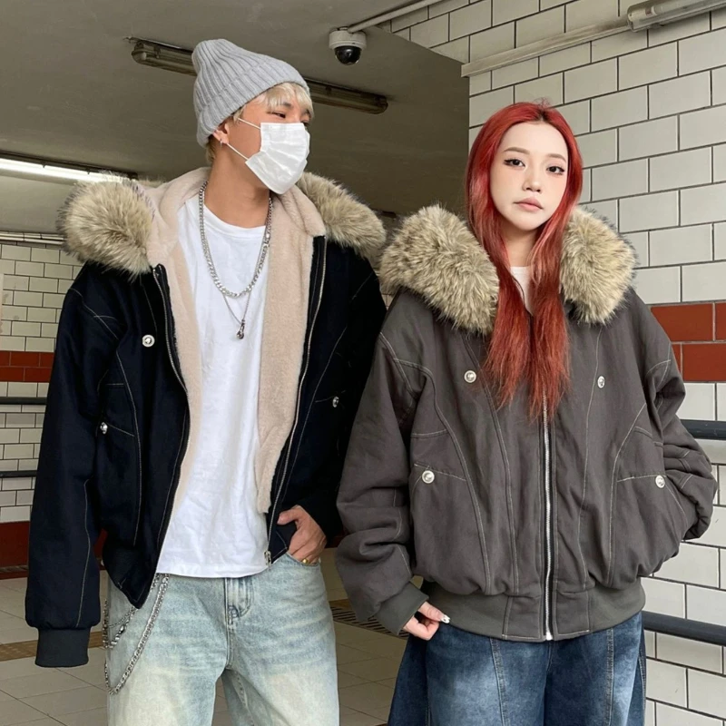 Inverno estilo retro americano engrossado com capuz algodão-acolchoado jaqueta campus estilo montanha escultura gola de pele design casaco feminino