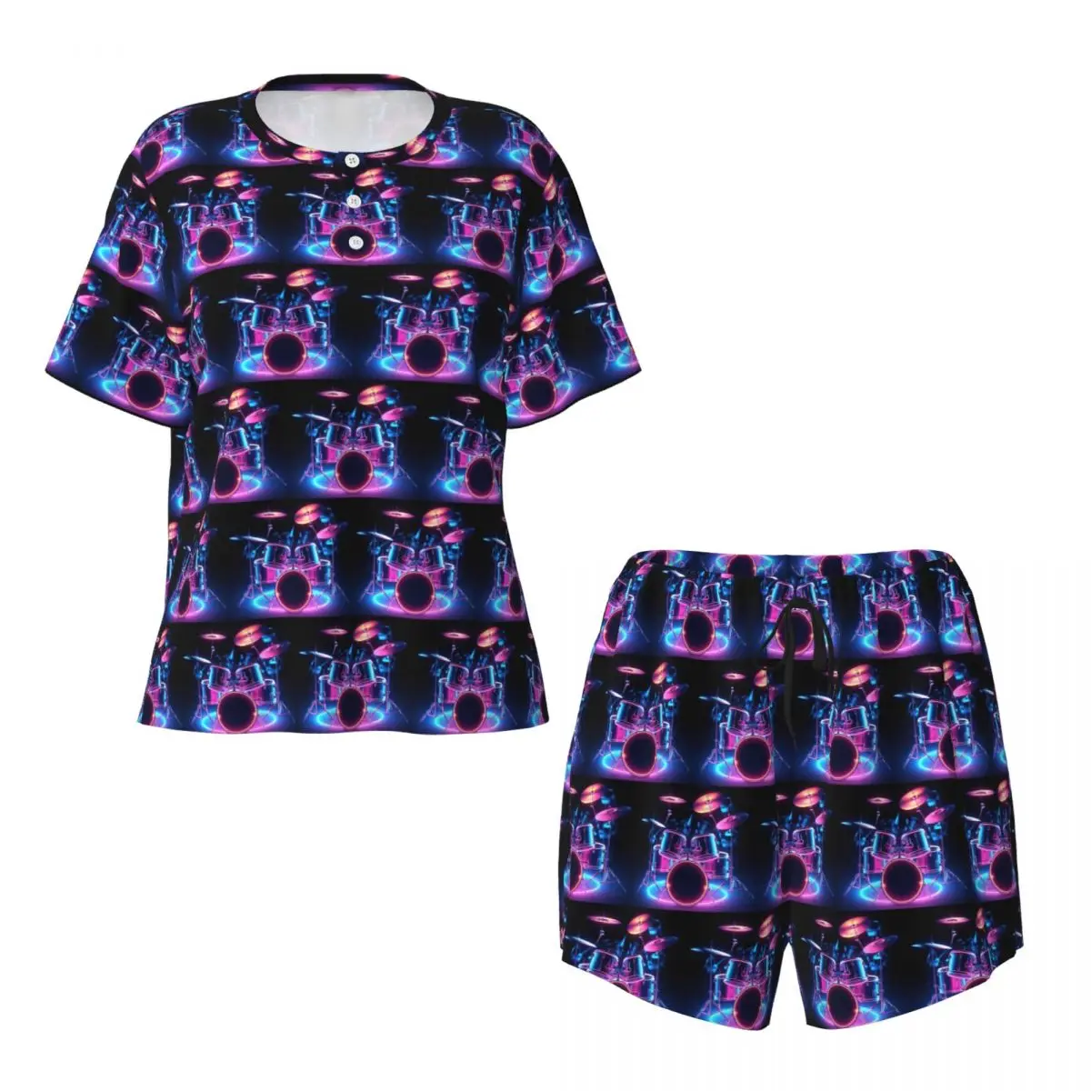 Shelf Drum Electronic Drum Round Neck Short Sleeve Nightgowns for Sleeping Sleepshirts Women Soft Pajama Set Short Pants