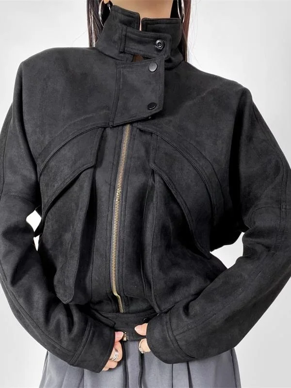 เสื้อโค้ทสไตล์เรโทรแบบลำลองสำหรับผู้หญิง ผ้าหนังกลับทรงหลวมอเนกประสงค์ สไตล์ฮ่องกง แขนยาว ปิดด้วยซิป