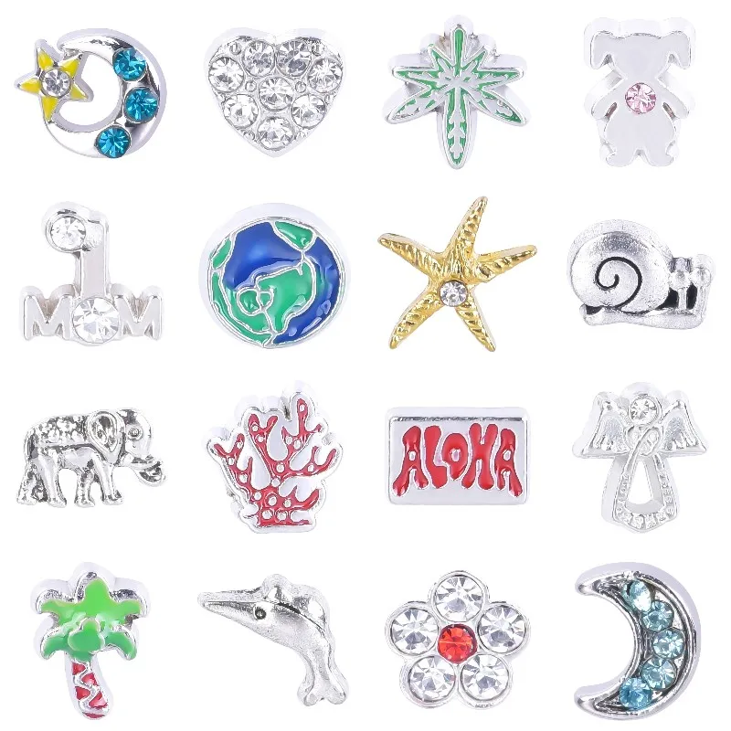 20Pcs/Lot Cute Moon Star Flower Elephant Coconut Tree Starfish Floating Charms Fit Glass Memory  Locket Pendant Jewelry Bulk