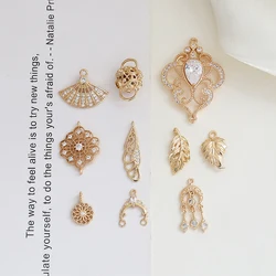 1pcs Retro Style Copper-clad Gold Color Inlaid Zircon Leaves Crown Fan Wings Diy Handmade Jewelry Earring Accessories Charms