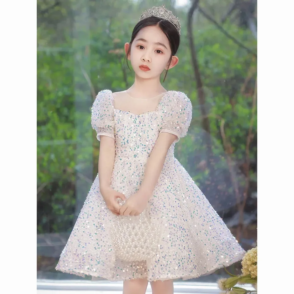

Kids Elegant Pearl Cake Princess Dress Sequin Girls Dresses For Wedding Evening Party Flower Girl Dresses Pageant Communion Gown