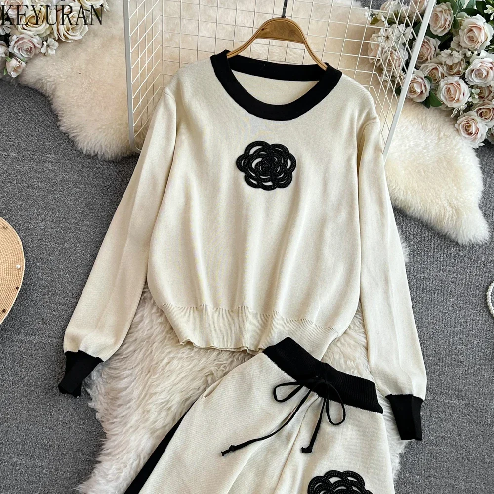 Flower Embroidery Knitted 2 Piece Women Set Winter Spring Casual Black Knitting O-Neck Sweater Long Sleeve Top + Long Pants Sets