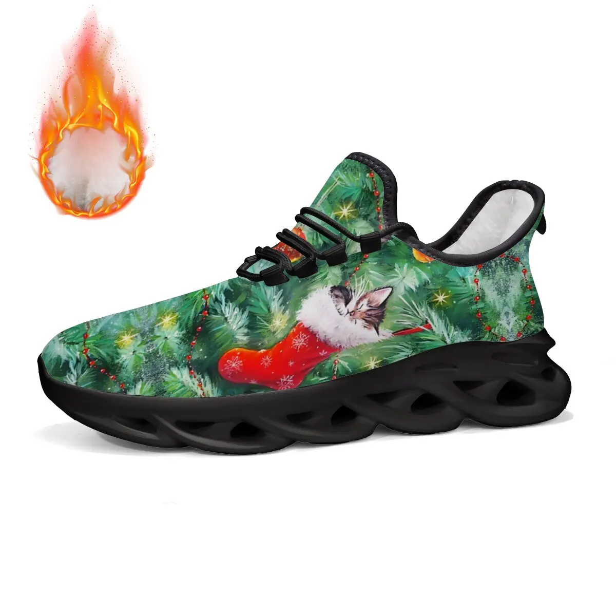 

Fleece Lined Christmas Cat Green Tree Print Shoes Outdoor Travel Walking Sneakers Lightweight Athletic Casual Women Shoes
