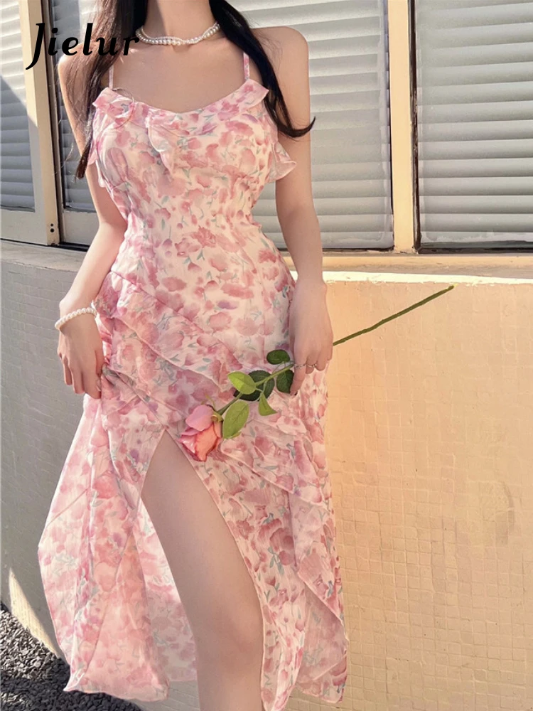 Jielur-vestido Midi elegante con estampado Floral para mujer, con espalda descubierta y abertura traje Sexy, moda coreana para vacaciones y verano