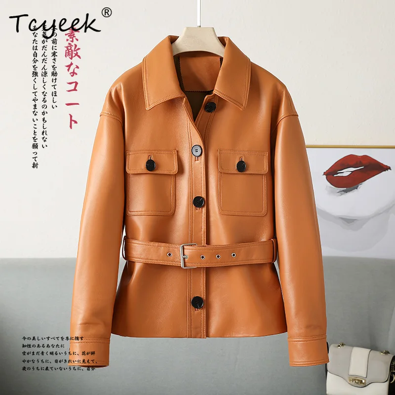 Tcyeek طبقة علوية من جلد الغنم لربيع وخريف جديد برقبة مربعة قاطرة سترة نسائية من الجلد الطبيعي Жensarska Kostangnya Kursatka