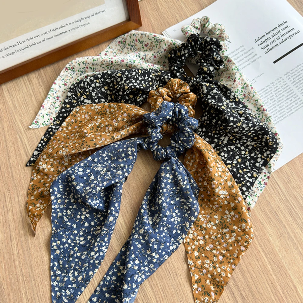 Vintage Floral Bow Hair Ribbon Scrunchie for Women Girls Long Streamer Elastic Hair Bands Ponytail Scarf Women Hair accessories